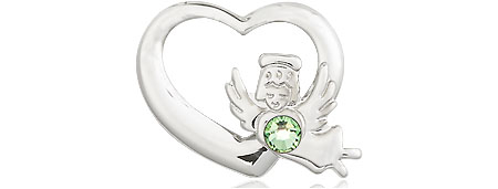 Sterling Silver Heart / Guardian Angel Medal with a 3mm Peridot Swarovski stone