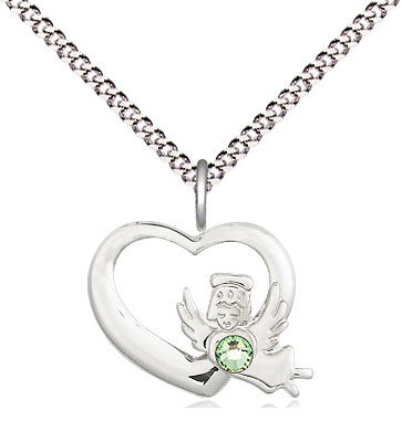 Sterling Silver Heart / Guardian Angel Pendant with a 3mm Peridot Swarovski stone on a 18 inch Light Rhodium Light Curb chain