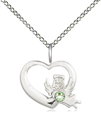 Sterling Silver Heart / Guardian Angel Pendant with a 3mm Peridot Swarovski stone on a 18 inch Sterling Silver Light Curb chain