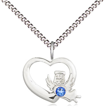 Sterling Silver Heart / Guardian Angel Pendant with a 3mm Sapphire Swarovski stone on a 18 inch Light Rhodium Light Curb chain