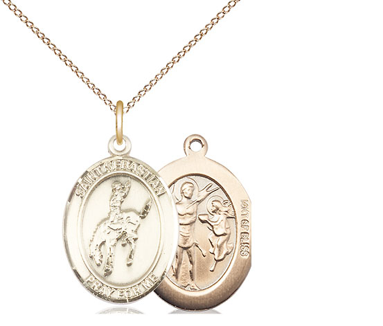 14kt Gold Filled Saint Sebastian Rodeo Pendant on a 18 inch Gold Filled Light Curb chain