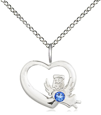Sterling Silver Heart / Guardian Angel Pendant with a 3mm Sapphire Swarovski stone on a 18 inch Sterling Silver Light Curb chain