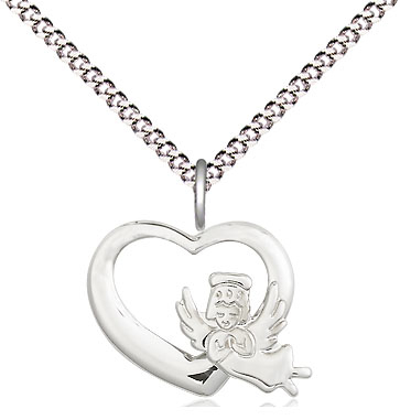 Sterling Silver Heart Guardian Angel Pendant on a 18 inch Light Rhodium Light Curb chain