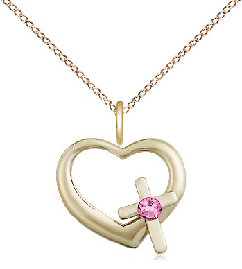 14kt Gold Filled Heart / Cross Pendant with a 3mm Rose Swarovski stone on a 18 inch Gold Filled Light Curb chain