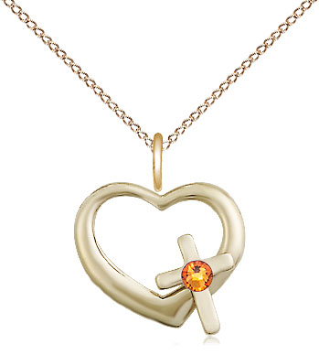 14kt Gold Filled Heart / Cross Pendant with a 3mm Topaz Swarovski stone on a 18 inch Gold Filled Light Curb chain