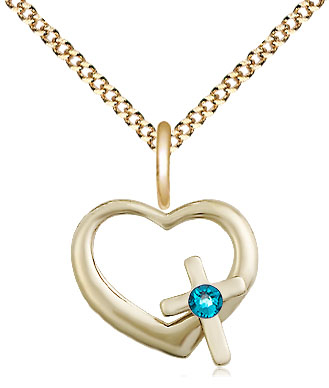 14kt Gold Filled Heart / Cross Pendant with a 3mm Zircon Swarovski stone on a 18 inch Gold Plate Light Curb chain