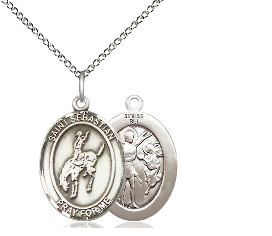 Sterling Silver Saint Sebastian Rodeo Pendant on a 18 inch Sterling Silver Light Curb chain
