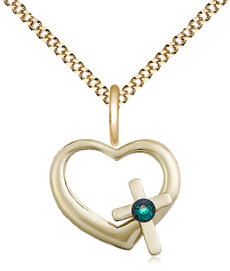 14kt Gold Filled Heart / Cross Pendant with a 3mm Emerald Swarovski stone on a 18 inch Gold Plate Light Curb chain