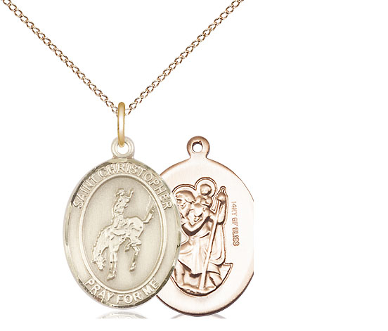 14kt Gold Filled Saint Christopher Rodeo Pendant on a 18 inch Gold Filled Light Curb chain