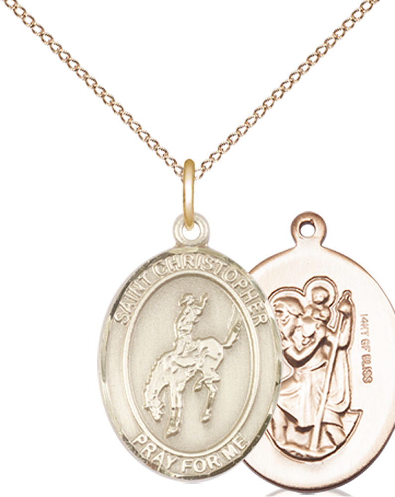 14kt Gold Filled Saint Christopher Rodeo Pendant on a 18 inch Gold Filled Light Curb chain