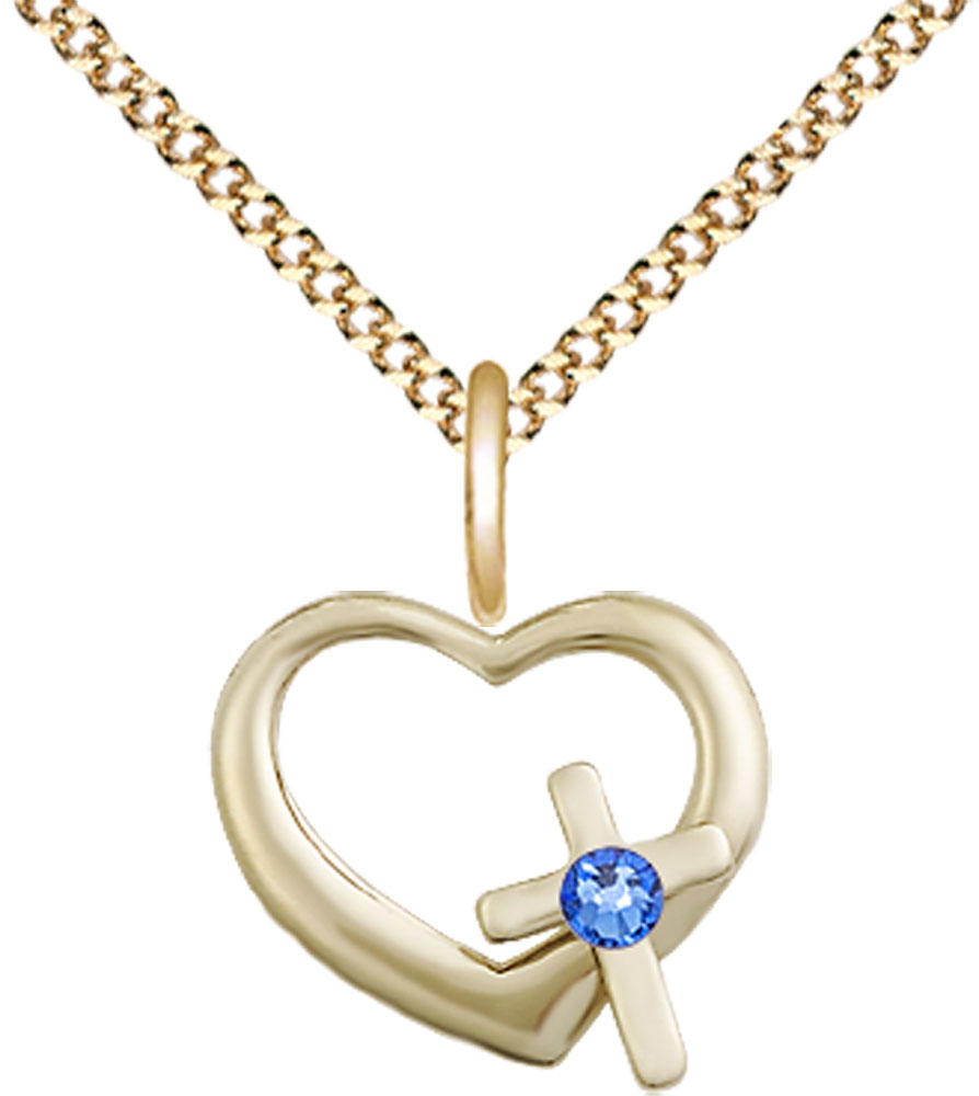 14kt Gold Filled Heart / Cross Pendant with a 3mm Sapphire Swarovski stone on a 18 inch Gold Plate Light Curb chain