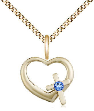 14kt Gold Filled Heart / Cross Pendant with a 3mm Sapphire Swarovski stone on a 18 inch Gold Plate Light Curb chain