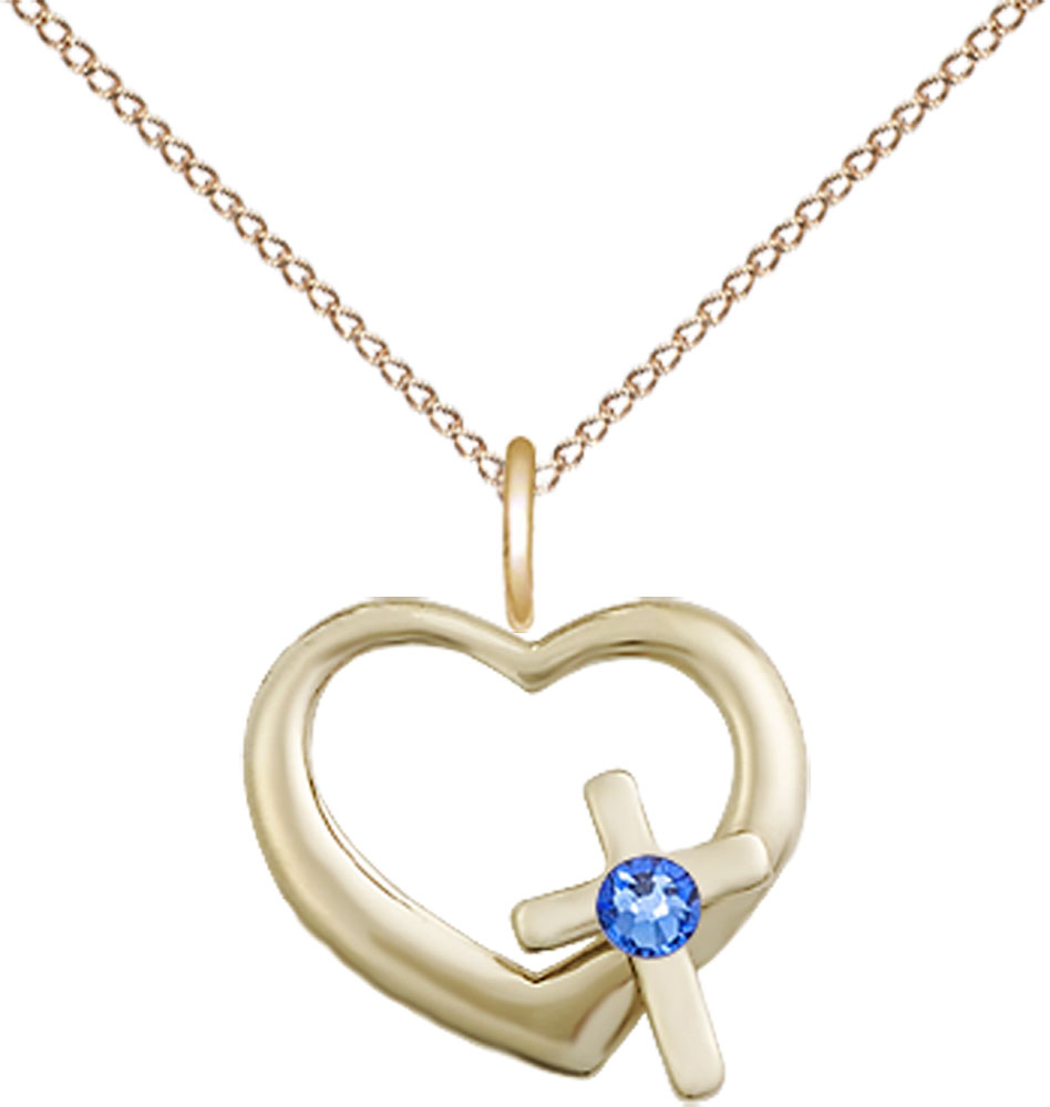 14kt Gold Filled Heart / Cross Pendant with a 3mm Sapphire Swarovski stone on a 18 inch Gold Filled Light Curb chain