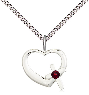 Sterling Silver Heart / Cross Pendant with a 3mm Garnet Swarovski stone on a 18 inch Light Rhodium Light Curb chain
