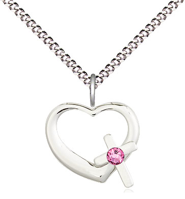 Sterling Silver Heart / Cross Pendant with a 3mm Rose Swarovski stone on a 18 inch Light Rhodium Light Curb chain