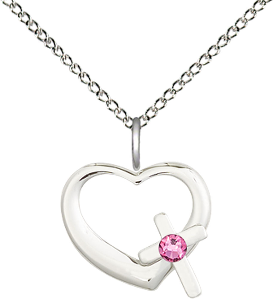 Sterling Silver Heart / Cross Pendant with a 3mm Rose Swarovski stone on a 18 inch Sterling Silver Light Curb chain