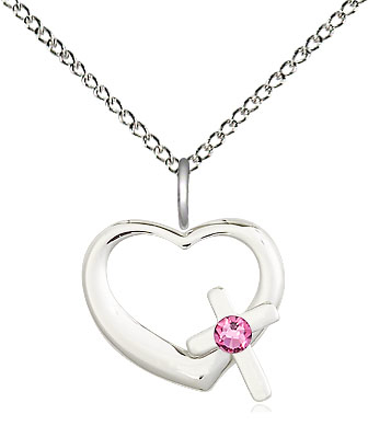 Sterling Silver Heart / Cross Pendant with a 3mm Rose Swarovski stone on a 18 inch Sterling Silver Light Curb chain