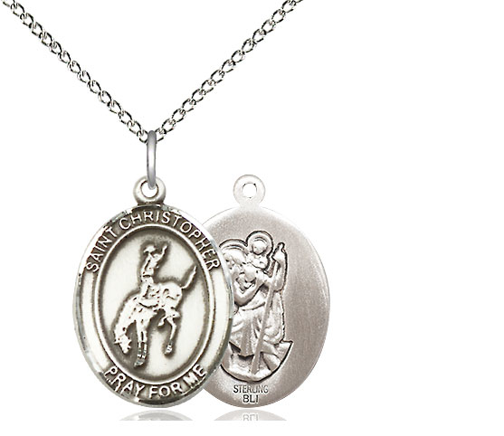 Sterling Silver Saint Christopher Rodeo Pendant on a 18 inch Sterling Silver Light Curb chain