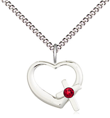 Sterling Silver Heart / Cross Pendant with a 3mm Ruby Swarovski stone on a 18 inch Light Rhodium Light Curb chain