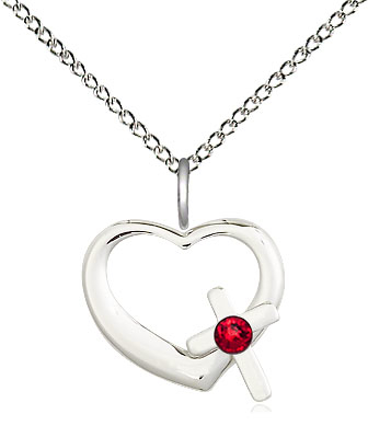 Sterling Silver Heart / Cross Pendant with a 3mm Ruby Swarovski stone on a 18 inch Sterling Silver Light Curb chain