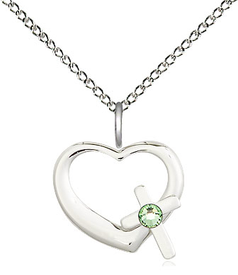 Sterling Silver Heart / Cross Pendant with a 3mm Peridot Swarovski stone on a 18 inch Sterling Silver Light Curb chain