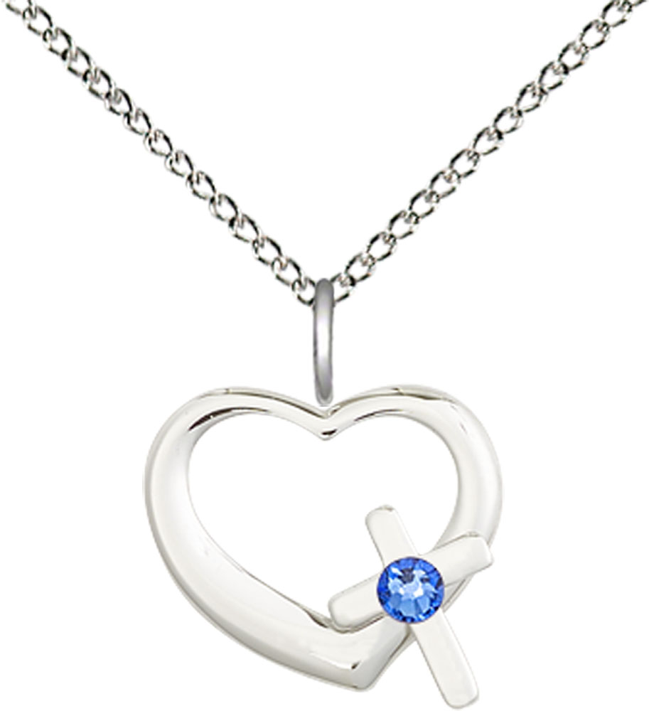 Sterling Silver Heart / Cross Pendant with a 3mm Sapphire Swarovski stone on a 18 inch Sterling Silver Light Curb chain