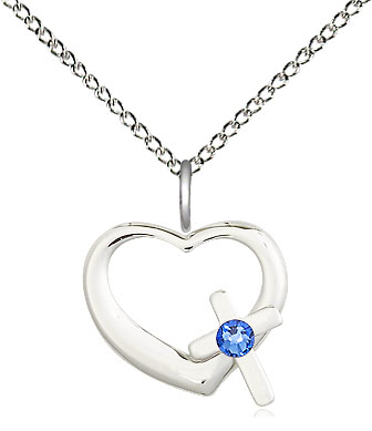 Sterling Silver Heart / Cross Pendant with a 3mm Sapphire Swarovski stone on a 18 inch Sterling Silver Light Curb chain