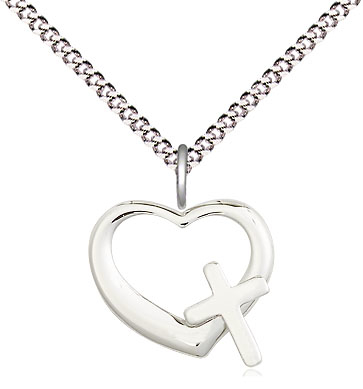 Sterling Silver Heart Cross Pendant on a 18 inch Light Rhodium Light Curb chain