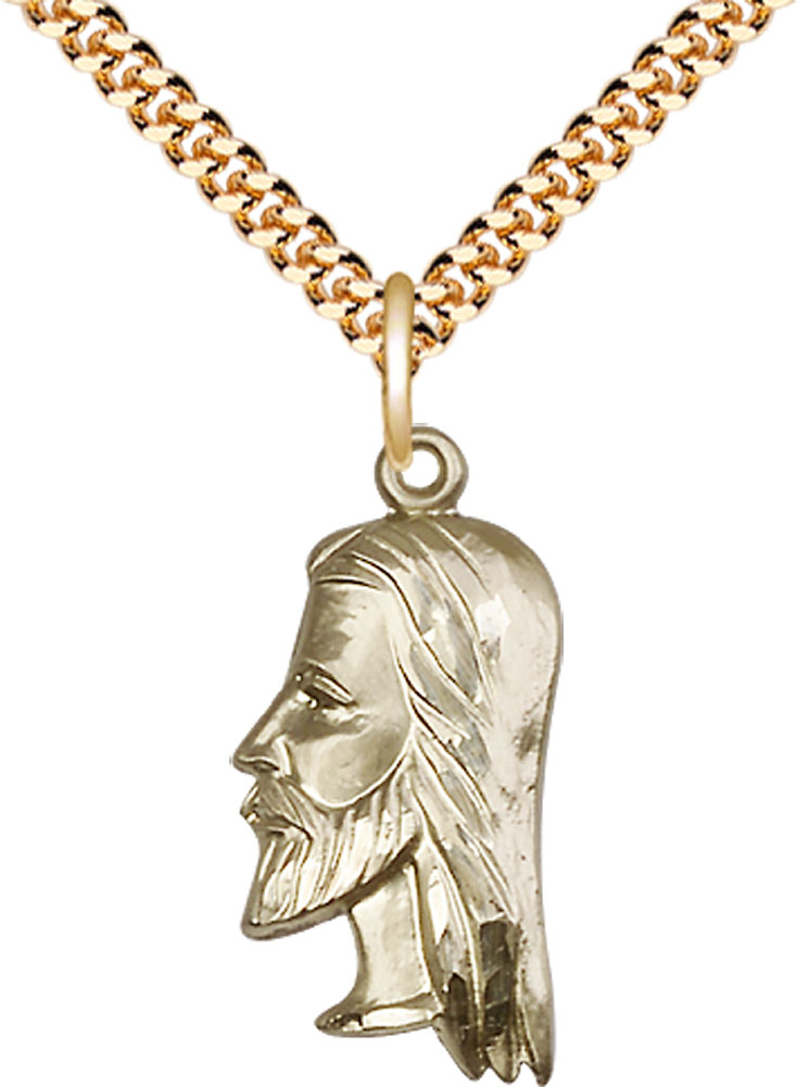 14kt Gold Filled Christ Head Pendant on a 24 inch Gold Plate Heavy Curb chain