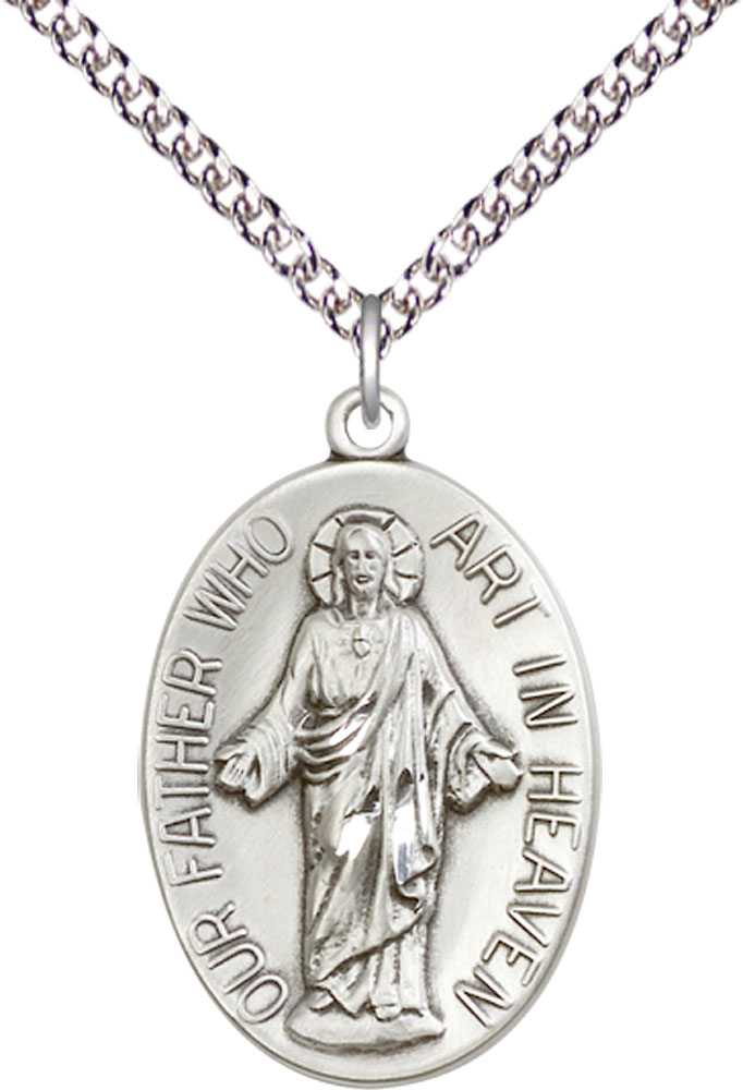 Sterling Silver Our Father Pendant on a 24 inch Sterling Silver Heavy Curb chain