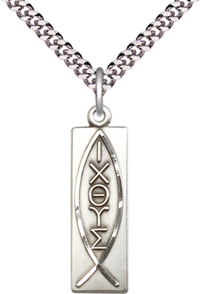 Sterling Silver Fish Pendant on a 24 inch Light Rhodium Heavy Curb chain