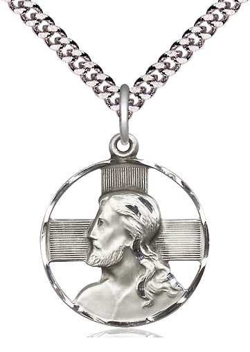 Sterling Silver Head of Christ Pendant on a 24 inch Light Rhodium Heavy Curb chain