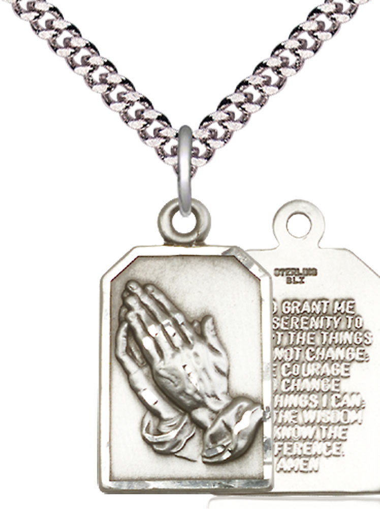Sterling Silver Praying Hands Pendant on a 24 inch Light Rhodium Heavy Curb chain