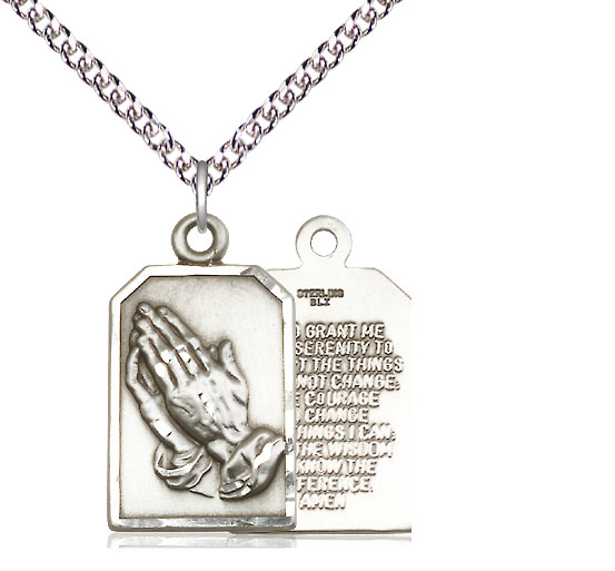 Sterling Silver Praying Hands Pendant on a 24 inch Sterling Silver Heavy Curb chain
