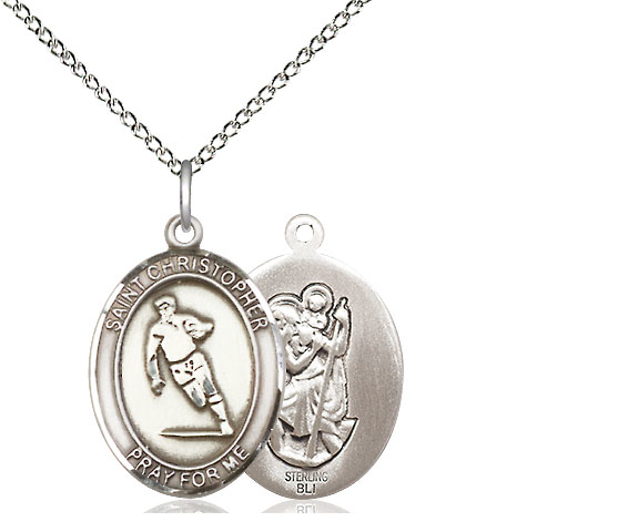 Sterling Silver Saint Christopher Rugby Pendant on a 18 inch Sterling Silver Light Curb chain