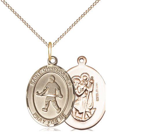 14kt Gold Filled Saint Christopher Field Hockey Pendant on a 18 inch Gold Filled Light Curb chain