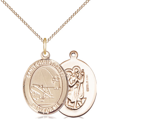 14kt Gold Filled Saint Christopher Fishing Pendant on a 18 inch Gold Filled Light Curb chain