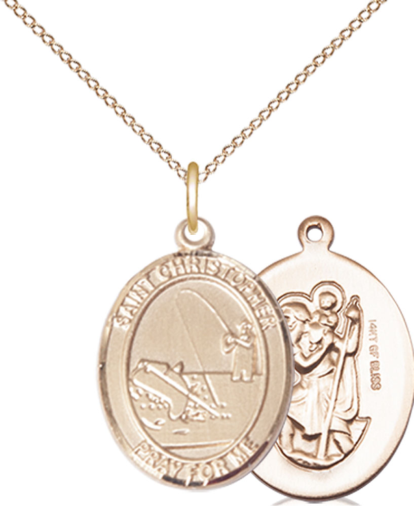 14kt Gold Filled Saint Christopher Fishing Pendant on a 18 inch Gold Filled Light Curb chain