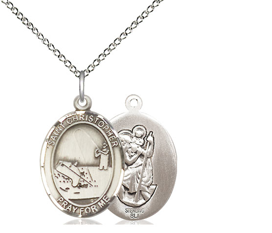Sterling Silver Saint Christopher Fishing Pendant on a 18 inch Sterling Silver Light Curb chain