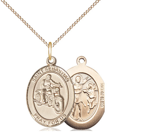 14kt Gold Filled Saint Sebastian Motorcycle Pendant on a 18 inch Gold Filled Light Curb chain