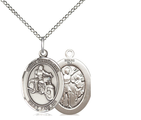 Sterling Silver Saint Sebastian Motorcycle Pendant on a 18 inch Sterling Silver Light Curb chain