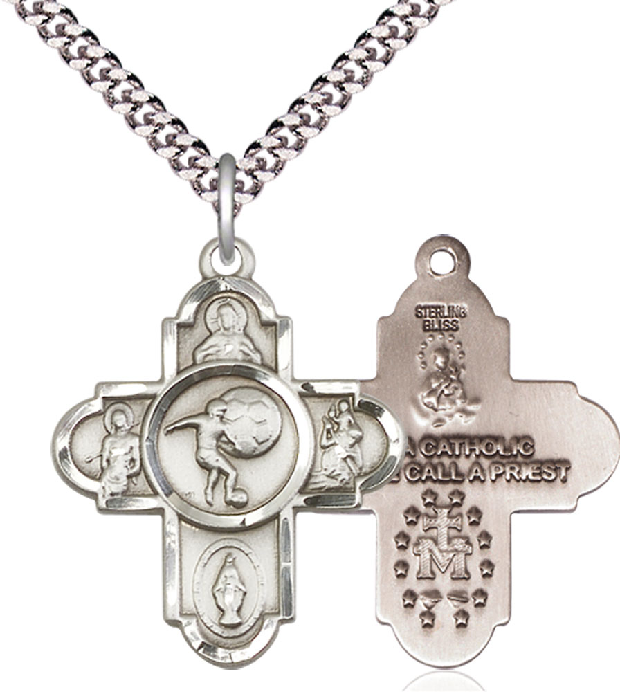 Sterling Silver 5-Way Soccer Pendant on a 24 inch Light Rhodium Heavy Curb chain