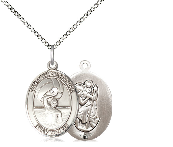 Sterling Silver Saint Christopher Water Polo-Men Pendant on a 18 inch Sterling Silver Light Curb chain