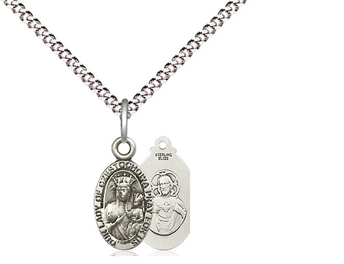 Sterling Silver Our Lady of Czestochowa Pendant on a 18 inch Light Rhodium Light Curb chain