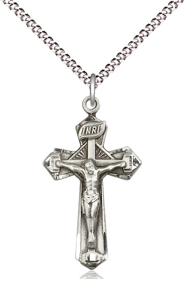 Sterling Silver Crucifix Pendant on a 18 inch Light Rhodium Light Curb chain