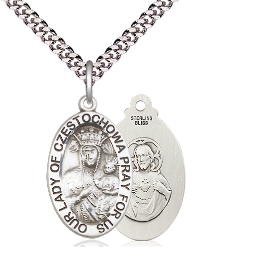 Sterling Silver Our Lady of Czestochowa Pendant on a 24 inch Light Rhodium Heavy Curb chain