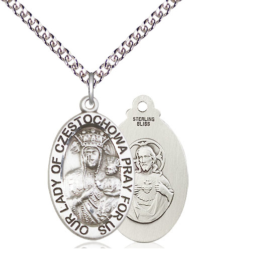 Sterling Silver Our Lady of Czestochowa Pendant on a 24 inch Sterling Silver Heavy Curb chain