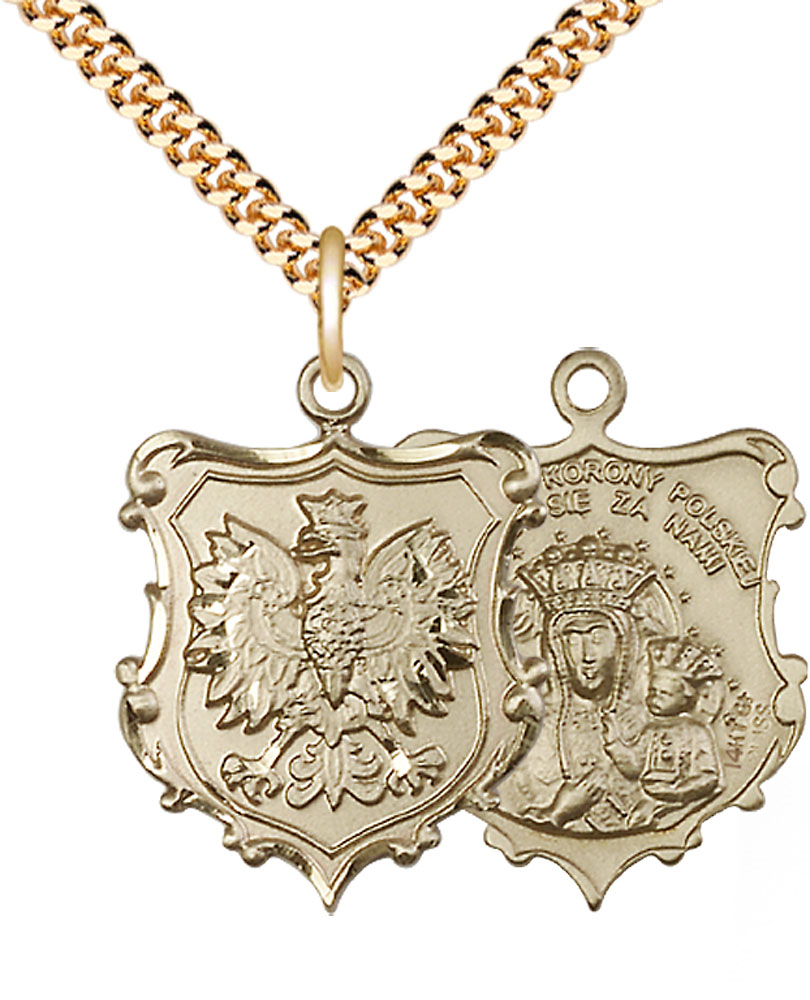 14kt Gold Filled Our Lady of Czestochowa Pendant on a 24 inch Gold Plate Heavy Curb chain