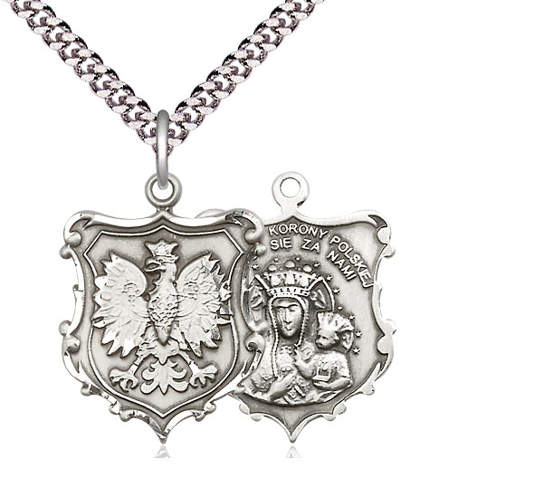 Sterling Silver Our Lady of Czestochowa Pendant on a 24 inch Light Rhodium Heavy Curb chain