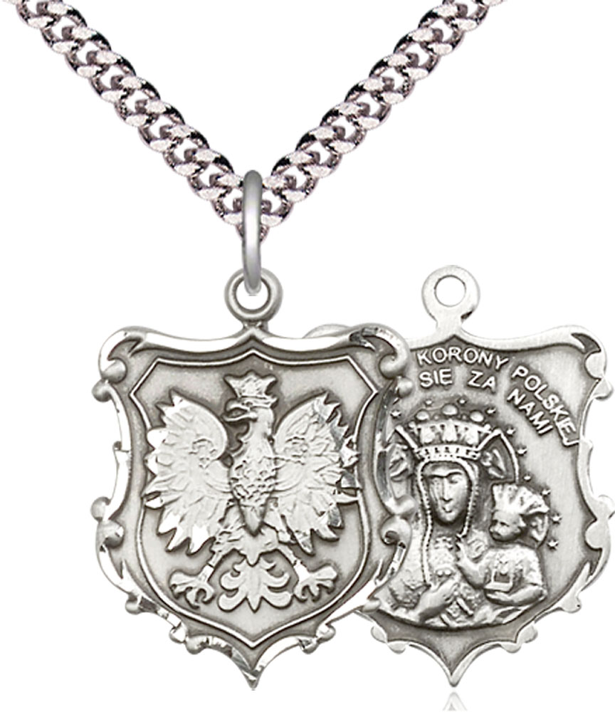 Sterling Silver Our Lady of Czestochowa Pendant on a 24 inch Light Rhodium Heavy Curb chain